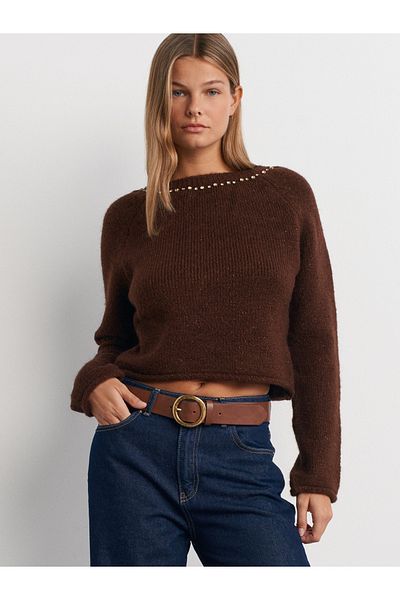 Dilvin 10622 Back Low-Cut Glittered Stone Tie Detailed Knitwear Sweater-Brown