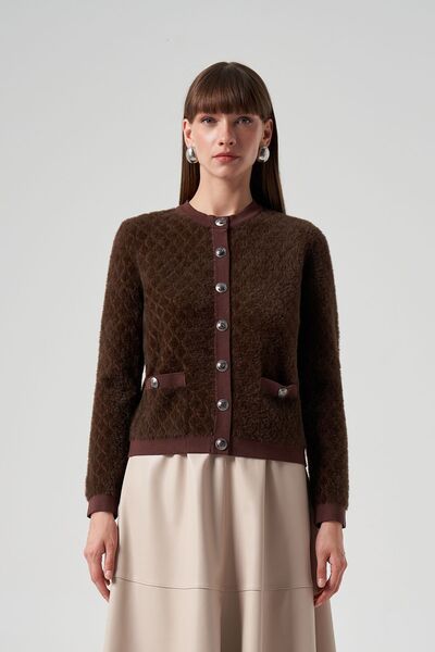 Lale Butik Nuss Knitwear Κοντή Ζακέτα - Λεπτομέρεια με Κουμπί, Καφέ 7001
