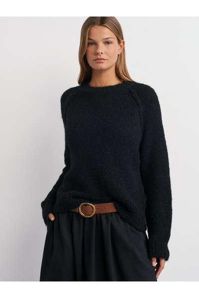 Dilvin 10646 Bisiklet Yaka Dikiş Detaylı Triko Kazak-Siyah