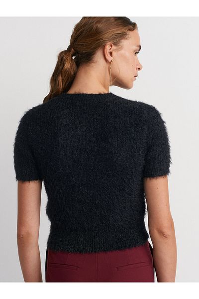 Dilvin 10648 Crew Neck Soft Textured Shiny Knitwear Sweater-Black