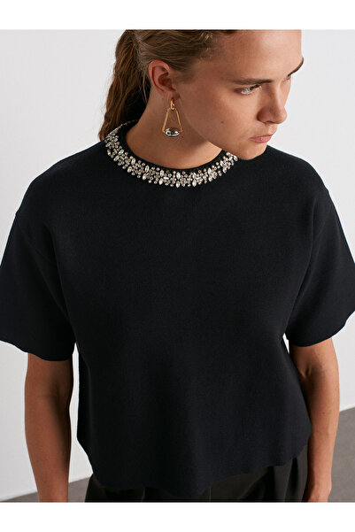 Dilvin 10601 Bluză de tricotaj cu detaliu de piatră strălucitoare cu gât de b...