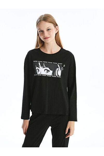 LC Waikiki Black Crew Neck Printed Long Sleeve Women's Pajama Set