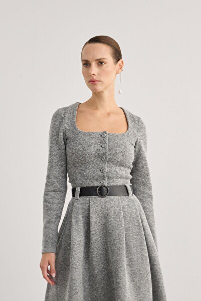 rue Düğme Detaylı Kare Yaka Gri Crop Ceket