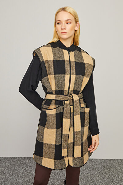 Naramaxx Kuşaklı Ekose Uzun Yelek