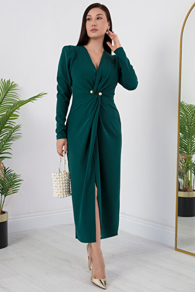 PULLIMM Φόρεμα κρεπ με διπλό γιακά με χάντρες GRS3588