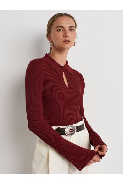 Dilvin 10637 Polo Collar Buttoned Ribbed Knitwear Sweater-Claret Red