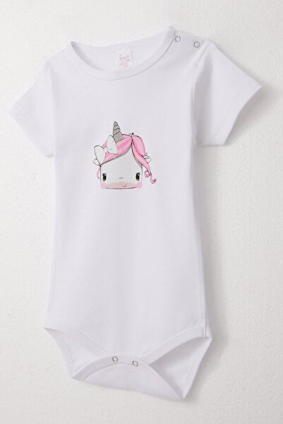 Breeze White Unicorn Printed Baby Girl Bodysuit - 9 Months-3 Years, Snap Bodysuit