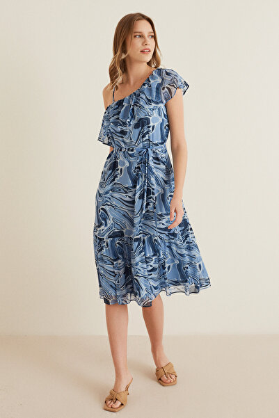 Naramaxx Tek Omuz Dekolteli Fırfırlı Midi Boy Elbise