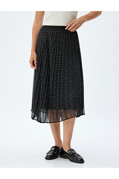 Koton High Waist Lined Midi Length Polka Dot Pleated Chiffon Skirt