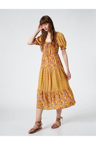 Koton Ethnic Printed Midi Viscose Dress Balloon Sleeve
