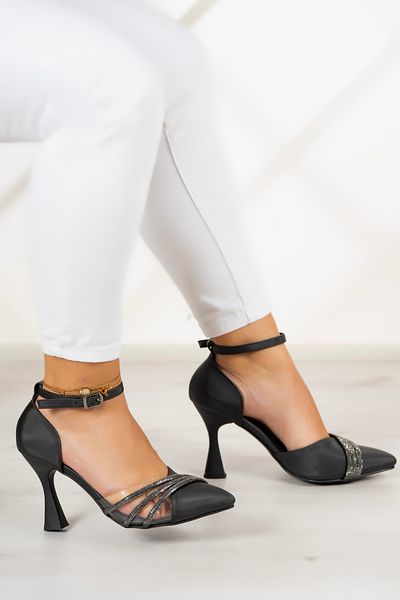 Erkan Saçmacı Çağla Black Satin Stoned Transparent Design Shoes