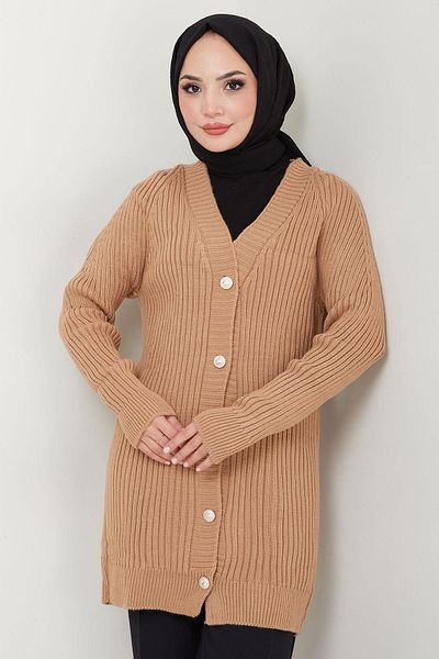 hafsamina Camel Knitwear Cardigan - Corded and Buttoned Hm2563