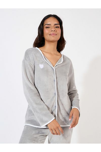 Styli Smooth Fleece Contrast Edge Buttoned Shirt & Pyjama Set