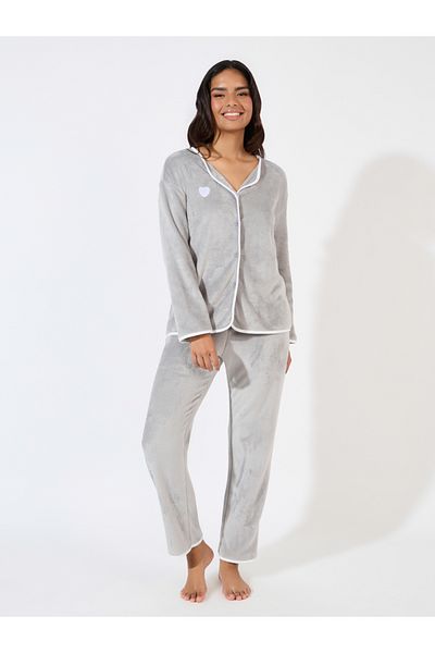 Styli Smooth Fleece Contrast Edge Buttoned Shirt & Pyjama Set