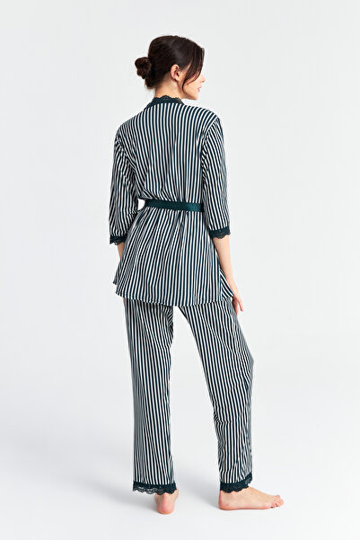 Ecrou Kadın Zümrüt Çizgi Askılı Sabahlık Pantolon 3 lü Pijama Takım