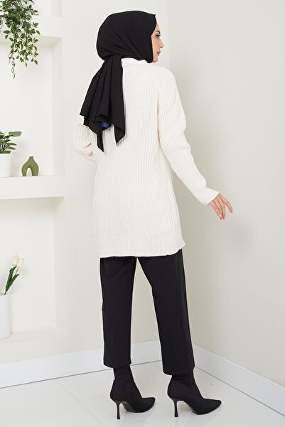 hafsamina Cream Color Corded Knitwear Cardigan - Buttoned, Hm2563