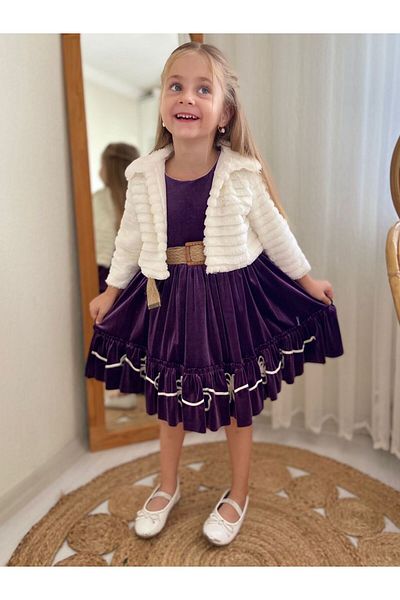 Cherrys Bebek Velvet Girl Dress with Plush Bolerol