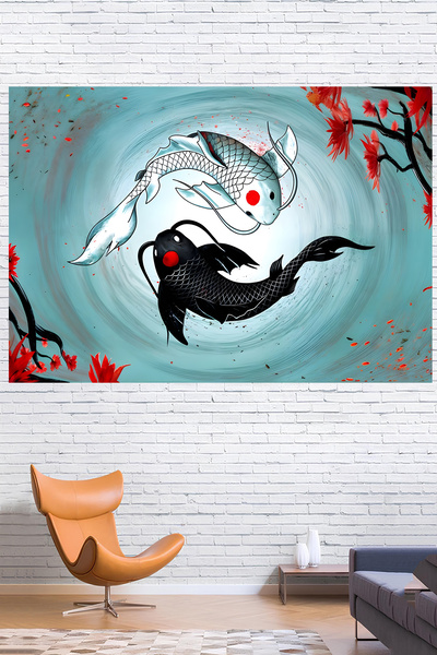 Vendini Ying Yang Koi Patterned Wall Cloth - Wall Tapestry