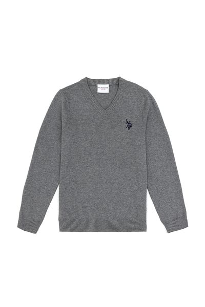 U.S. Polo Assn. Pulover de bază cu decolteu în V Gri Melange pentru băiat 50294200 -vr086