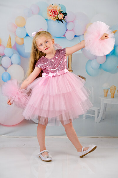 Mixie Girls Pink Buckle Pompom Sleeves Evening Dress Party Birthday Dress