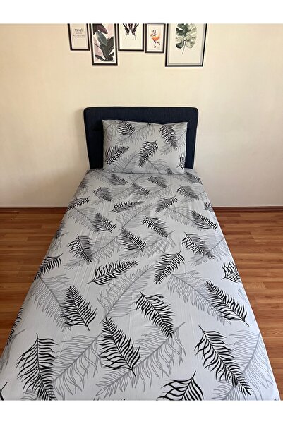 Touch Gray Black White Feather Patterned Single Elastic Sheet Set