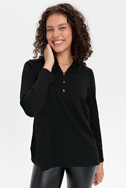 Desen Triko Polo Neck Black Women's Sweater with Side Slits