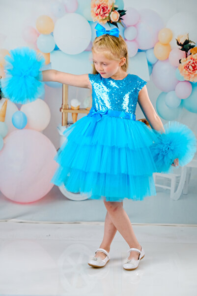 Mixie Girl's Blue Buckle Pompom Sleeves Evening Dress Party Birthday Dress