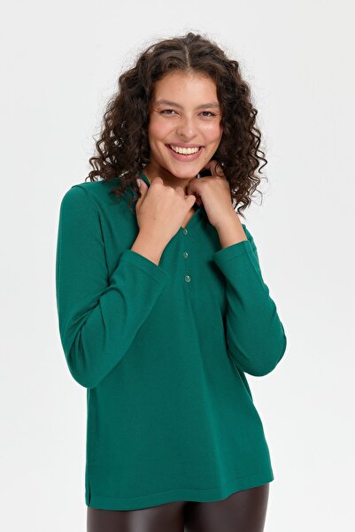 Desen Triko Γυναικείο πουλόβερ με γιακά πόλο με σχισμή στο πλάι