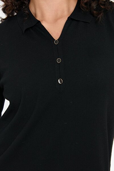 Desen Triko Polo Neck Black Women's Sweater with Side Slits