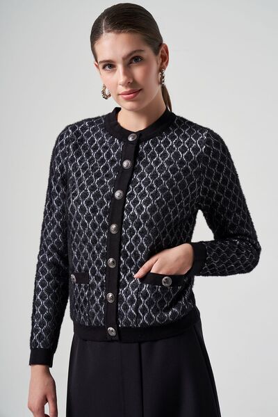 Lale Butik Nuss Knitwear Button Detail Short Cardigan 7002 Black-Ecru