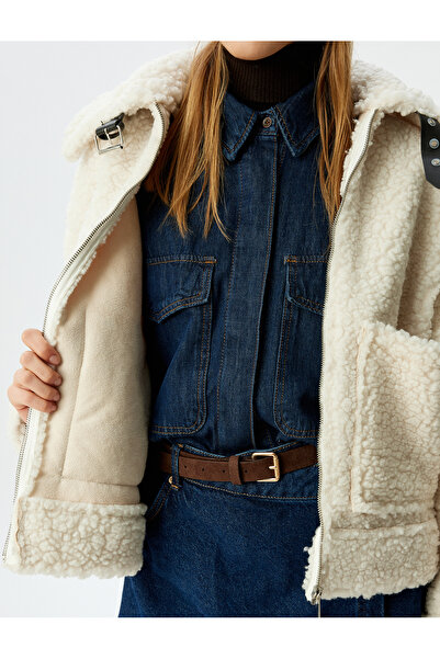 Koton Hemdkragen, gefütterter Plüschmantel aus Wildlederimitat mit Taschendetail und Reißverschluss