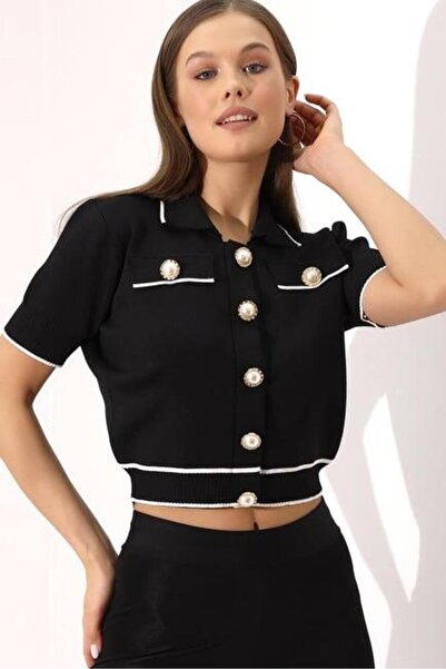 Irmak Kerekli Tricotaj pentru femei, negru, cu gât polo, cardigan cu nasturi perle 2203