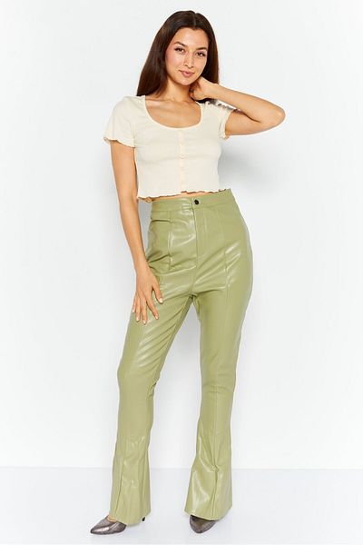 Missguided Women Tall Faux Leather Flare Pants, Khaki