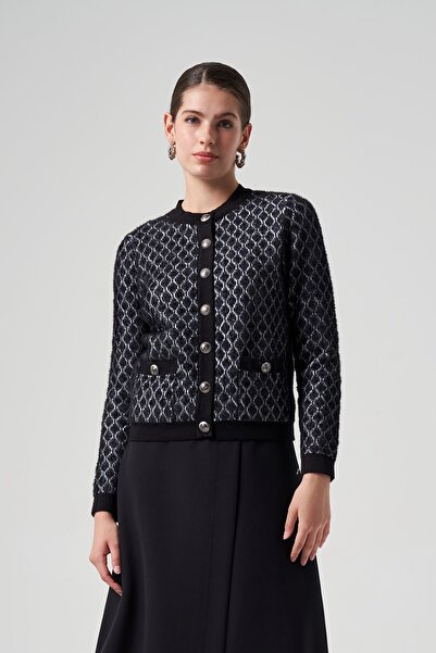 Lale Butik Nuss Knitwear Button Detail Short Cardigan 7002 Black-Ecru