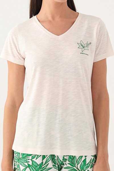 Pierre Cardin , Licențiat, Set de pantaloni scurți cu model tricou cu decolteu în V pentru femei, 100% bumbac