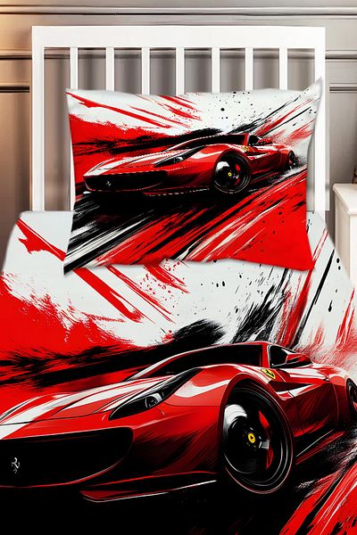 Else Dekor Red Racing Car Patterned Boy's Single Decorative Bedspread with Pillowcase