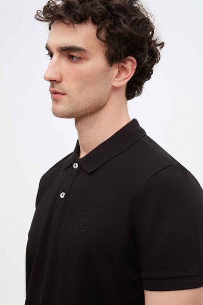 D'S Damat Normale Passform, schwarzes Piqué-T-Shirt aus 100 % Baumwolle mit unlackiertem Polokragen und Stickerei