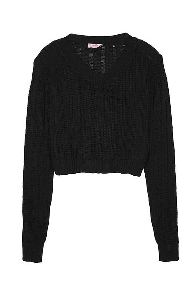 Quzu Black Crop Knitwear - Padded V-Neck