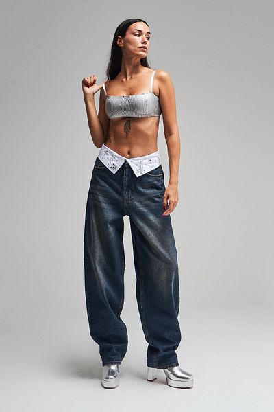 its basic Denim pentru femei T.Kot Color Skater Fit - Curea și brodat manual