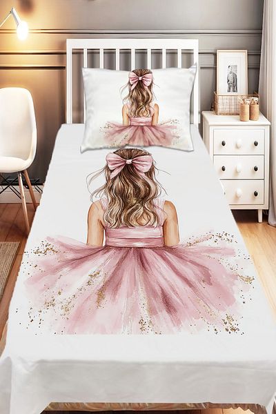 Else Dekor Yellow Girl Patterned Children's Single Decorative Bedspread with Pink Bow and Pillowcase