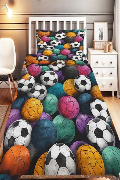 Else Dekor Colorful Balls Football Patterned Boy's Single Decorative Bedspread with Pillowcase