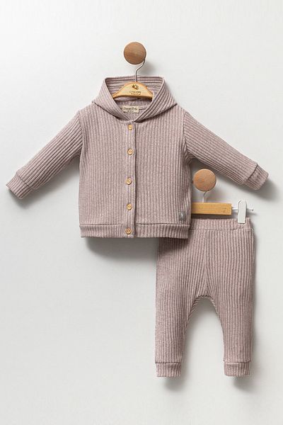 Cassiope Hooded Buttoned Front Ribbed Soft Textured Bottom-Top 2-Piece Baby Girl and Boy Set