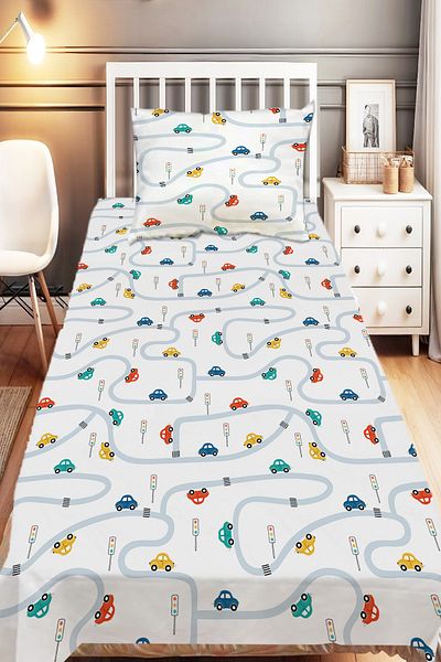 Else Dekor Colorful Car Traffic Patterned Boy's Single Decorative Bedspread with Pillowcase