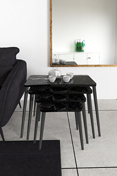 Zuesse Dizayn Sinem 4lü Zigon Sehpa Yan Sehpa Ahşap Siyah Ayaklı Salon Seti Ç...