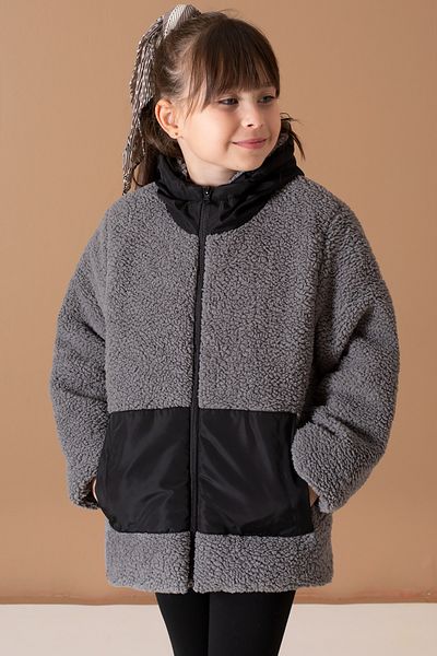 Cansın Mini Girl's Plush Cardigan - Smoked, Kangaroo Pocket and Hoodie 19676