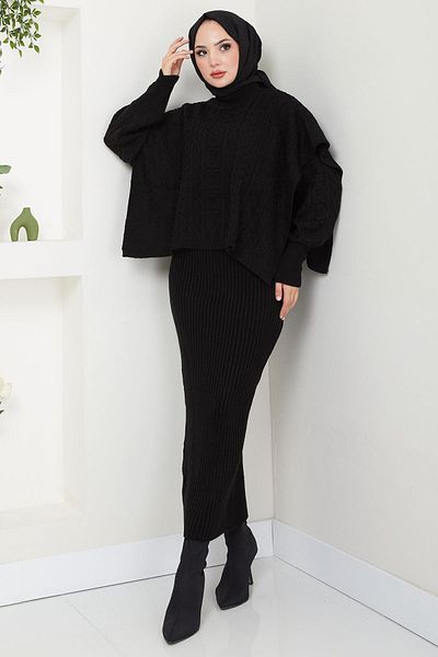 hafsamina Black Knitwear Poncho Dress Set - Hm2564