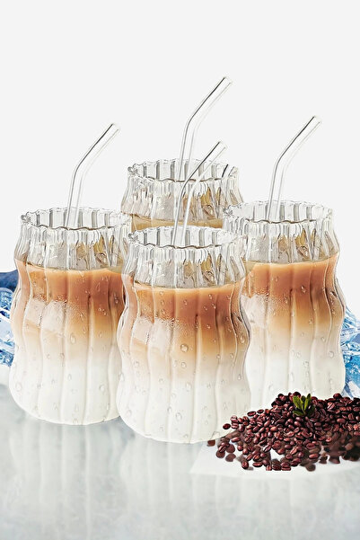 EMR SHOP 4'lü Sukabağı Latte Cam Pipetli Bardak Seti İskandinav Burgu Tarz Ka...