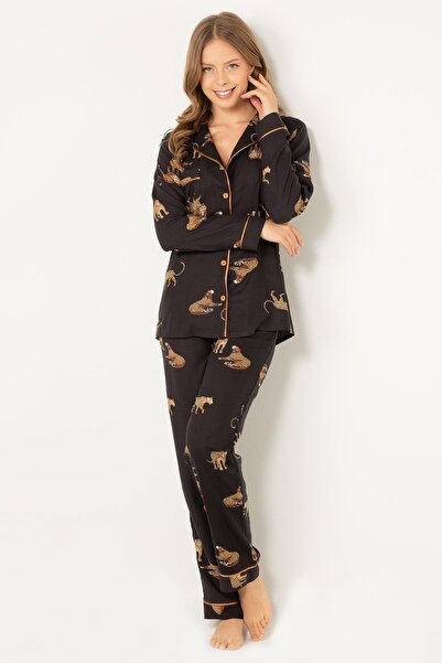 Doremi Leoparlı Doğal Viskon Soft Yumuşak Düğmeli Pijama Takımı