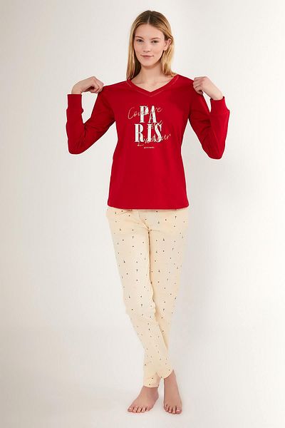 Pierre Cardin Paris Printed Women's Seasonal Pajamas Set - 100% Cotton, Long Sleeve V-Neck Combed Cotton