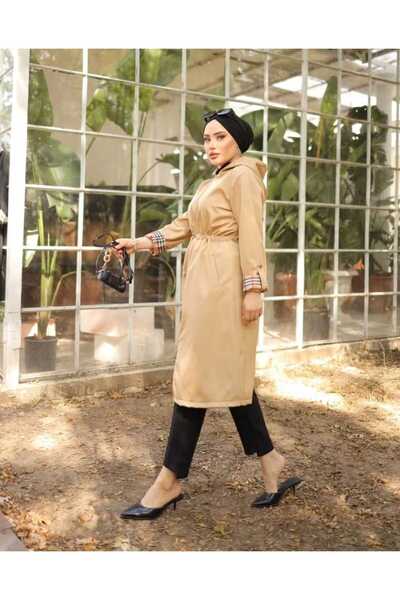 SHİROSA Kadın Trençkot Kapüşonlu Kol Katlamalı Desenli